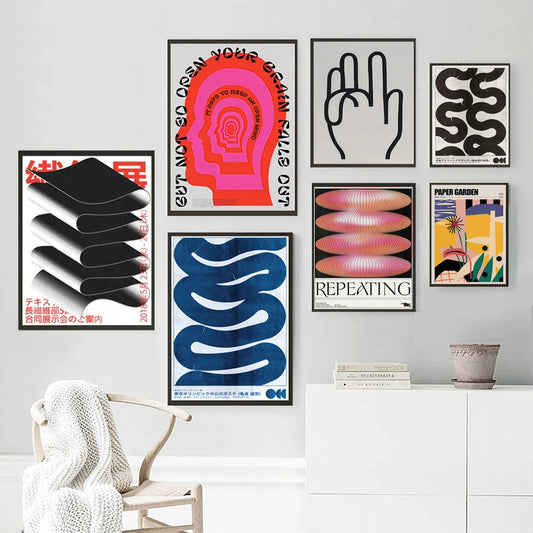 Gallery wall featuring Abstract Canvas Wall Posters™ with bold modern graphics, minimalist lines, and vibrant colors for stylish home décor.